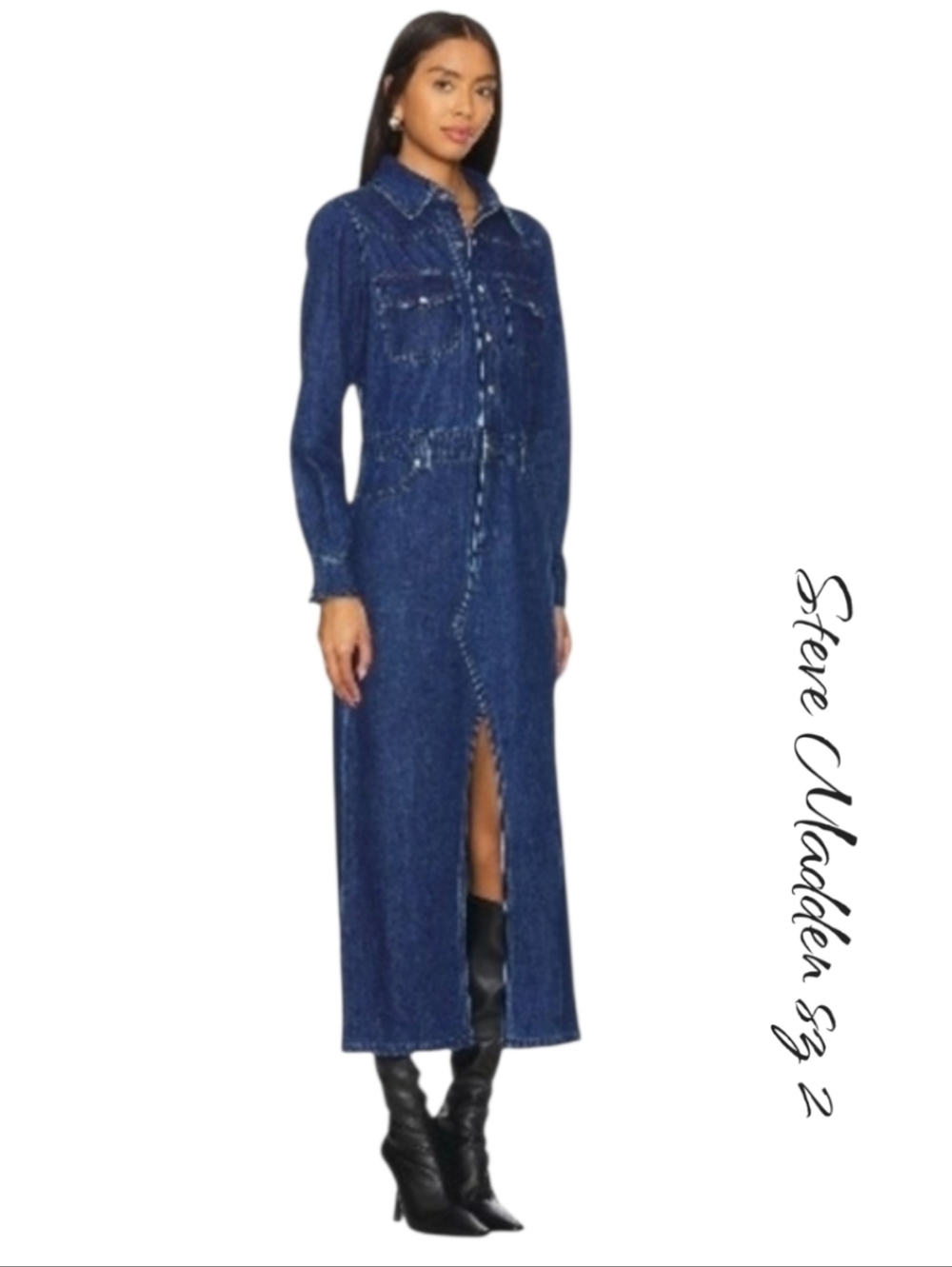 Steve Madden Dakoda Denim Long Sleeve Maxi Shirt Dress Medium Blue Size 2 NWT